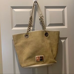 DKNY Large Tote Bag Purse Gold Chain white